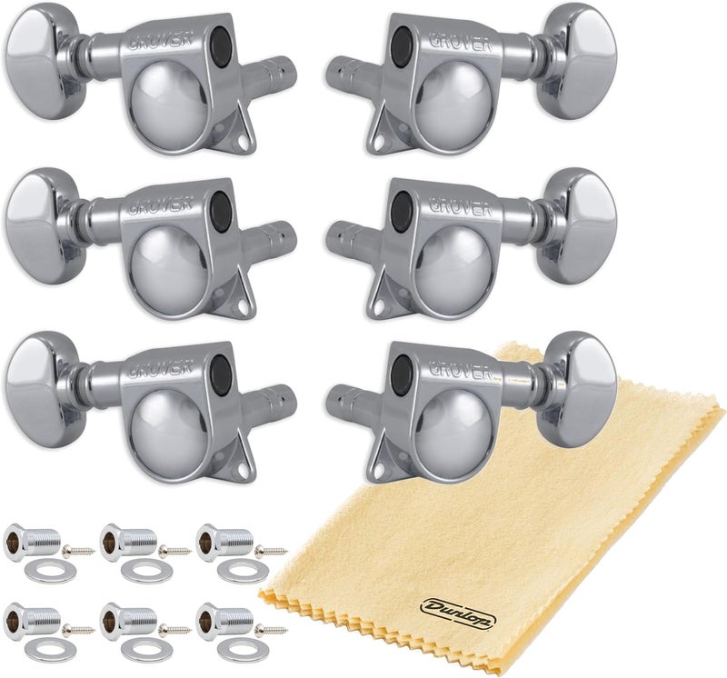Tonebird Grover 406C Locking Rotomatics Guitar Tuners, Tuning Machines Set 3+3 18:1 Chrome Mid-Size "Mini" Tuning Keys with Dunlop Polish Cloth Bundle Tuner Heads with Small Kidney Button - Image 1